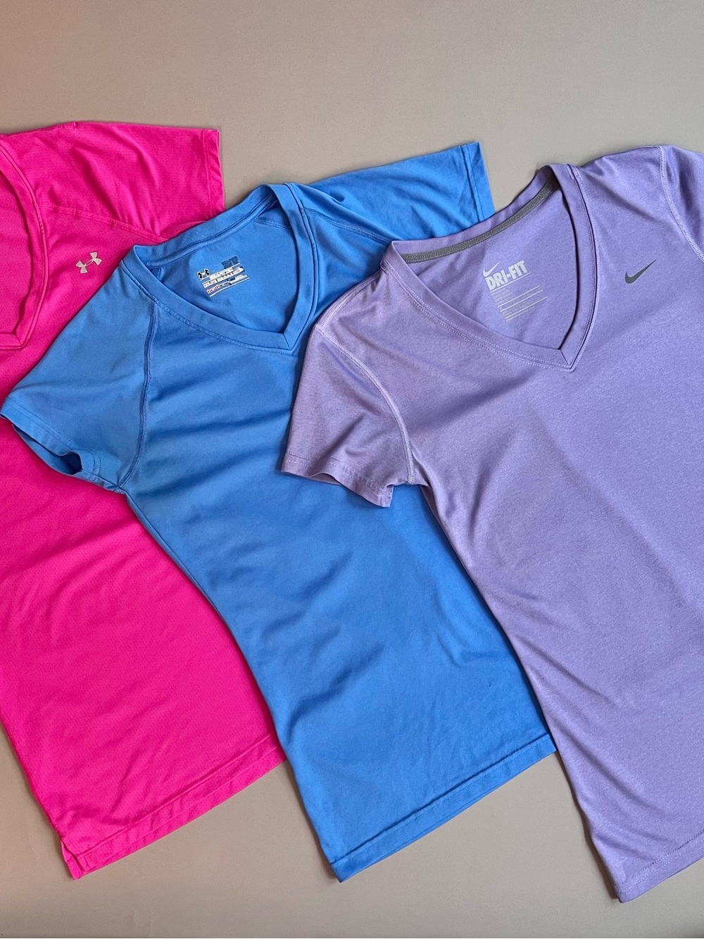 Nike Dri-FIT Purple V-Neck Tee + Blue & Pink Athletic Tees